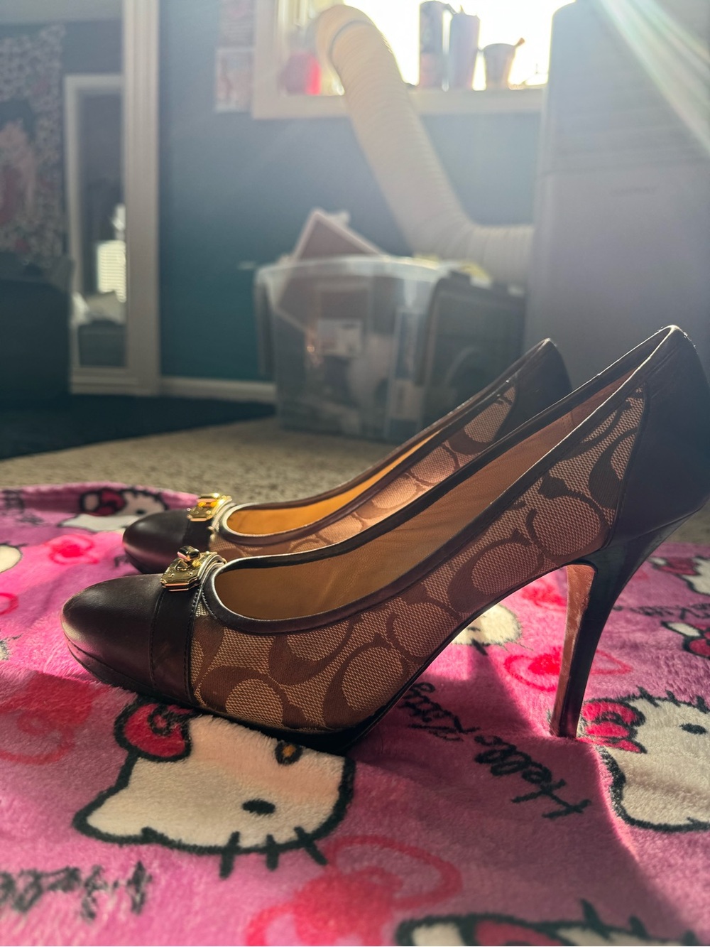 Coach Brown Signature Mesh and Leather Stiletto Pumps with Gold Accent